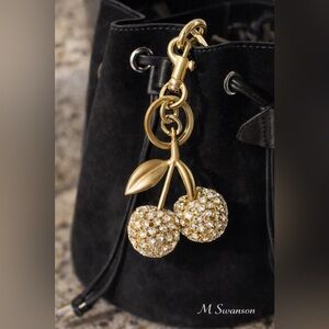Brushed Gold Rhinestone Cherry Charm Keychain NWT